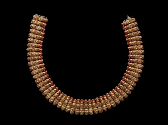 Necklace with Human and Ram’s-Head Pendants, Nubian, 270–50 BC. Gold and cornelian. Museum of Fine Arts, Boston. Harvard University-Boston Museum of Fine Arts Expedition. Photograph © Museum of Fine Arts, Boston