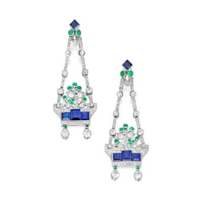 Collection of Margaret Jonsson Rogers - Cartier Pair of Diamond, Sapphire and Emerald Pendant-Earclips