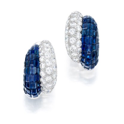 Van Cleef & Arpels - Pair of Mystery-Set Sapphire and Diamond Earclips