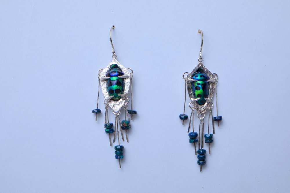 Iridescent Beetle Shell earrings with Ethiopian Black Opal Hanging beads