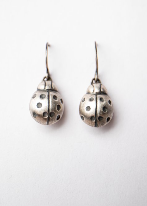 Hollow Formed Silver Ladybug Drop Earrings