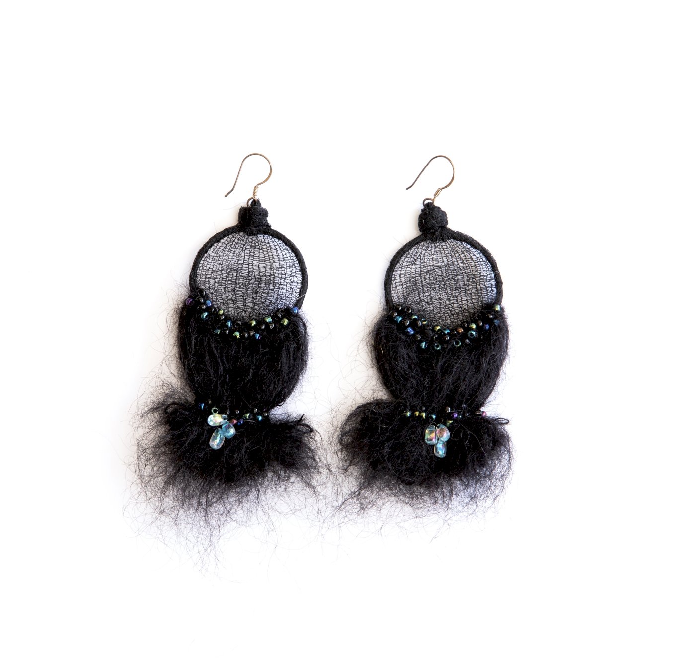 Earrings made of silver hooks, cotton net, mohair and Miyuki glass beads