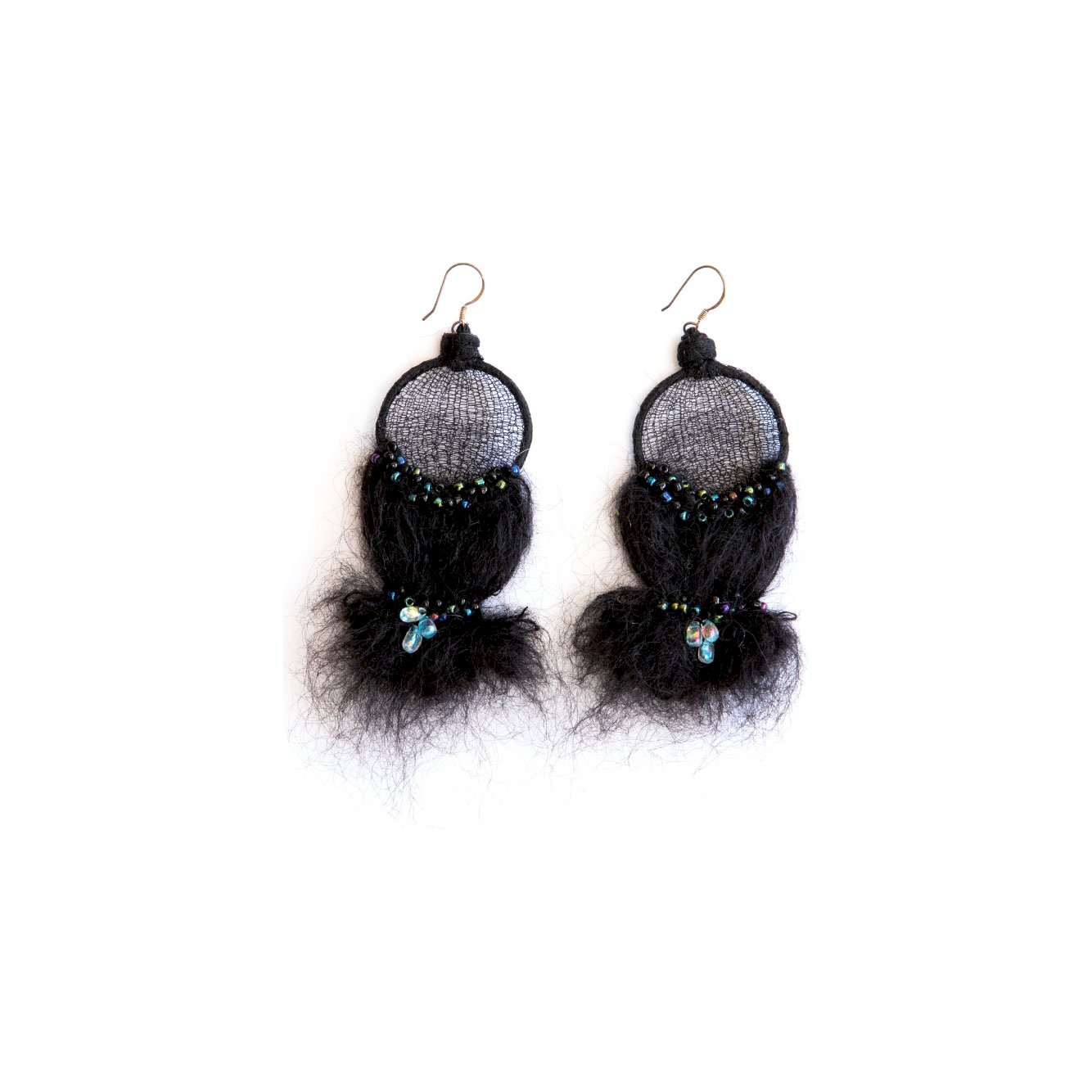 Earrings made of silver hooks, cotton net, mohair and Miyuki glass beads