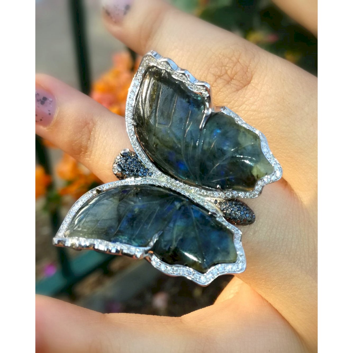 Labradorite and Diamond ring 14K White solid Gold One of a Kind