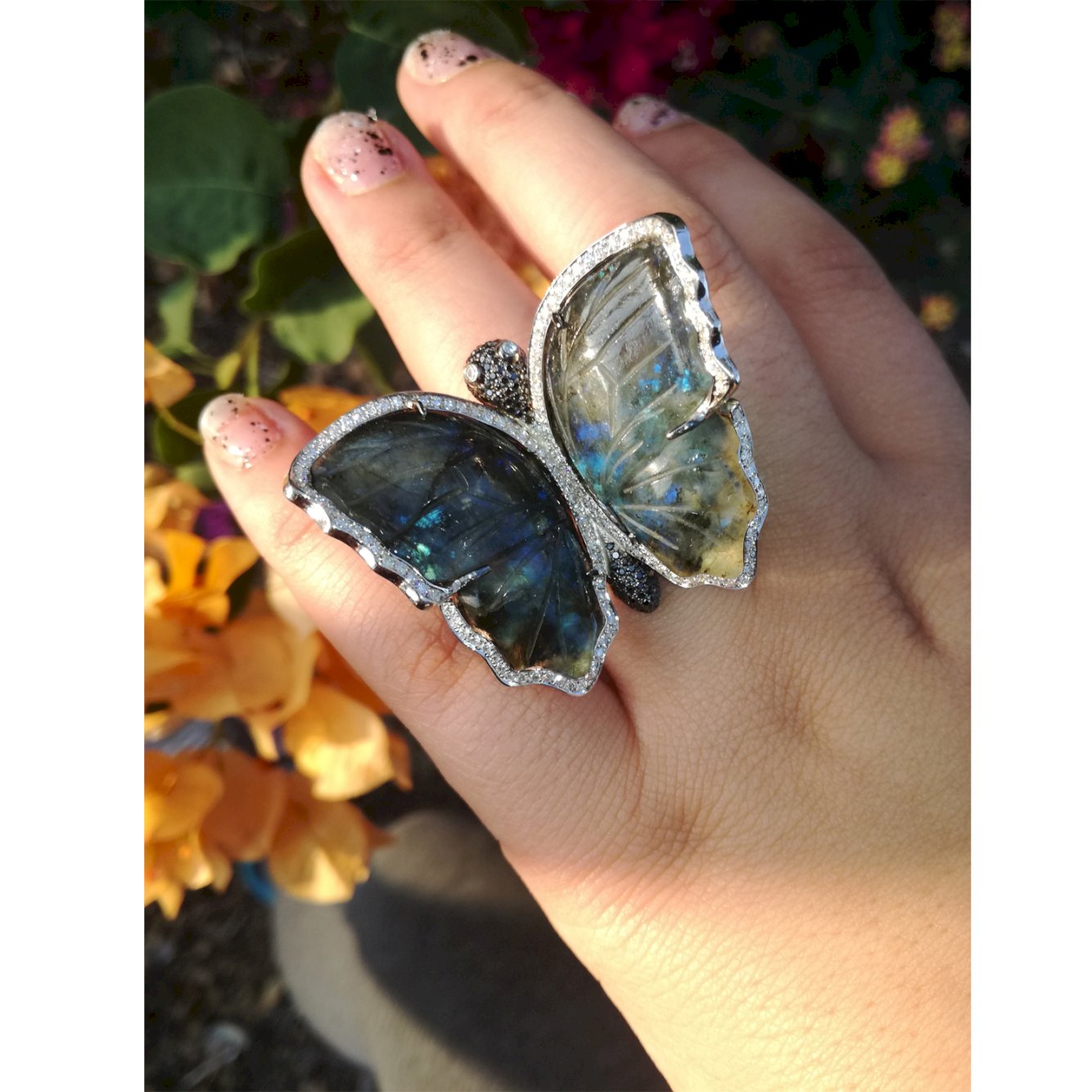 Labradorite and Diamond ring 14K White solid Gold One of a Kind