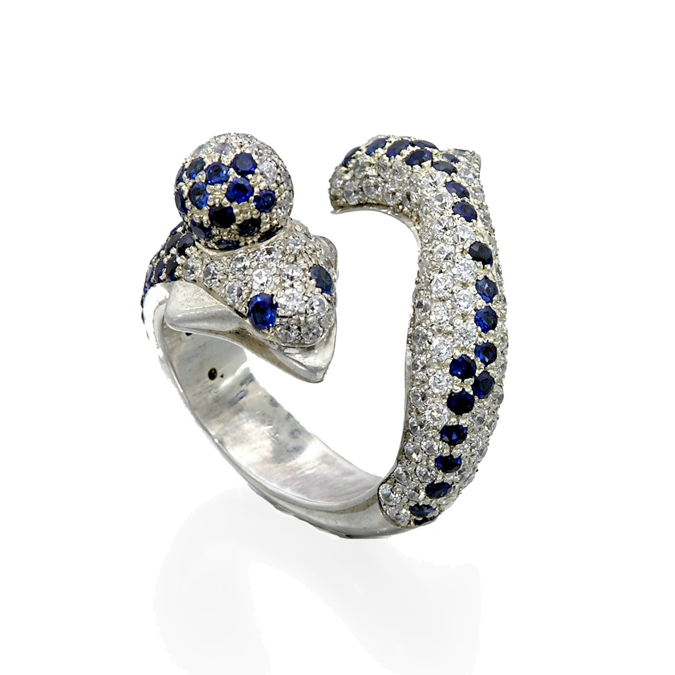 Dolphin Ring with a Ball - set with Diamonds and Blue Sapphires