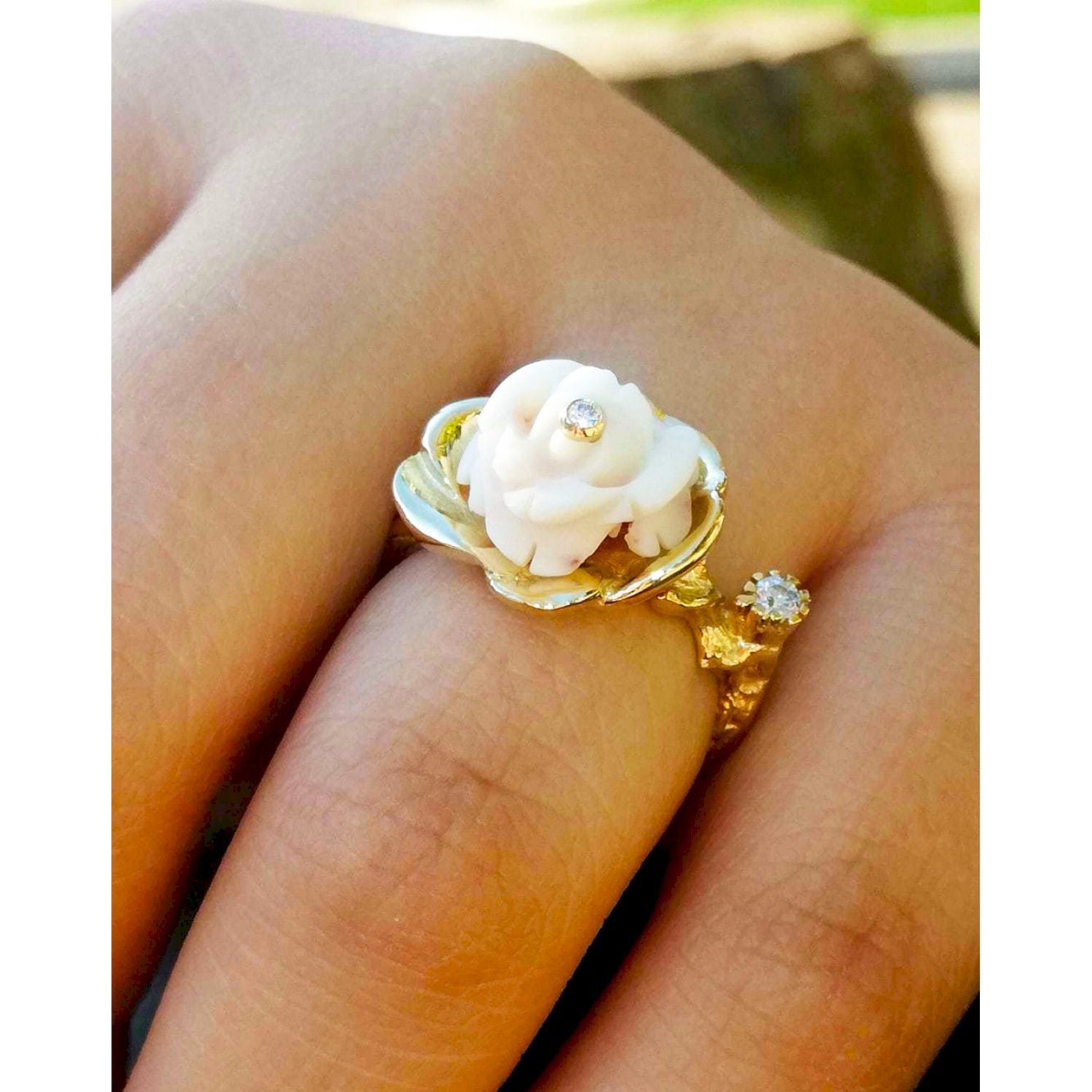 14k Coral Ring set with Diamonds-Rose Flower Ring