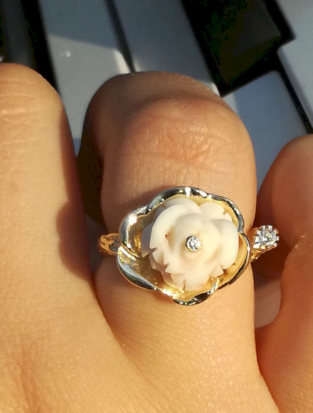 14k Coral Ring set with Diamonds-Rose Flower Ring