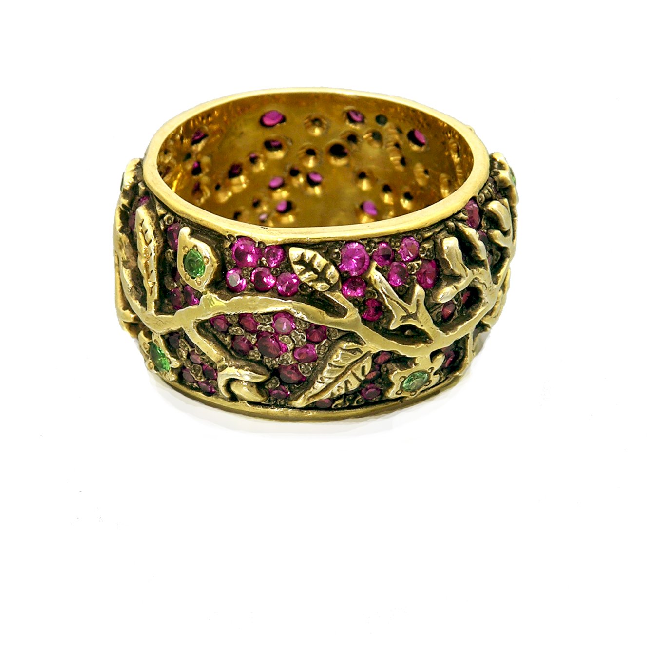 Floral ruby and Emerald wide Ring