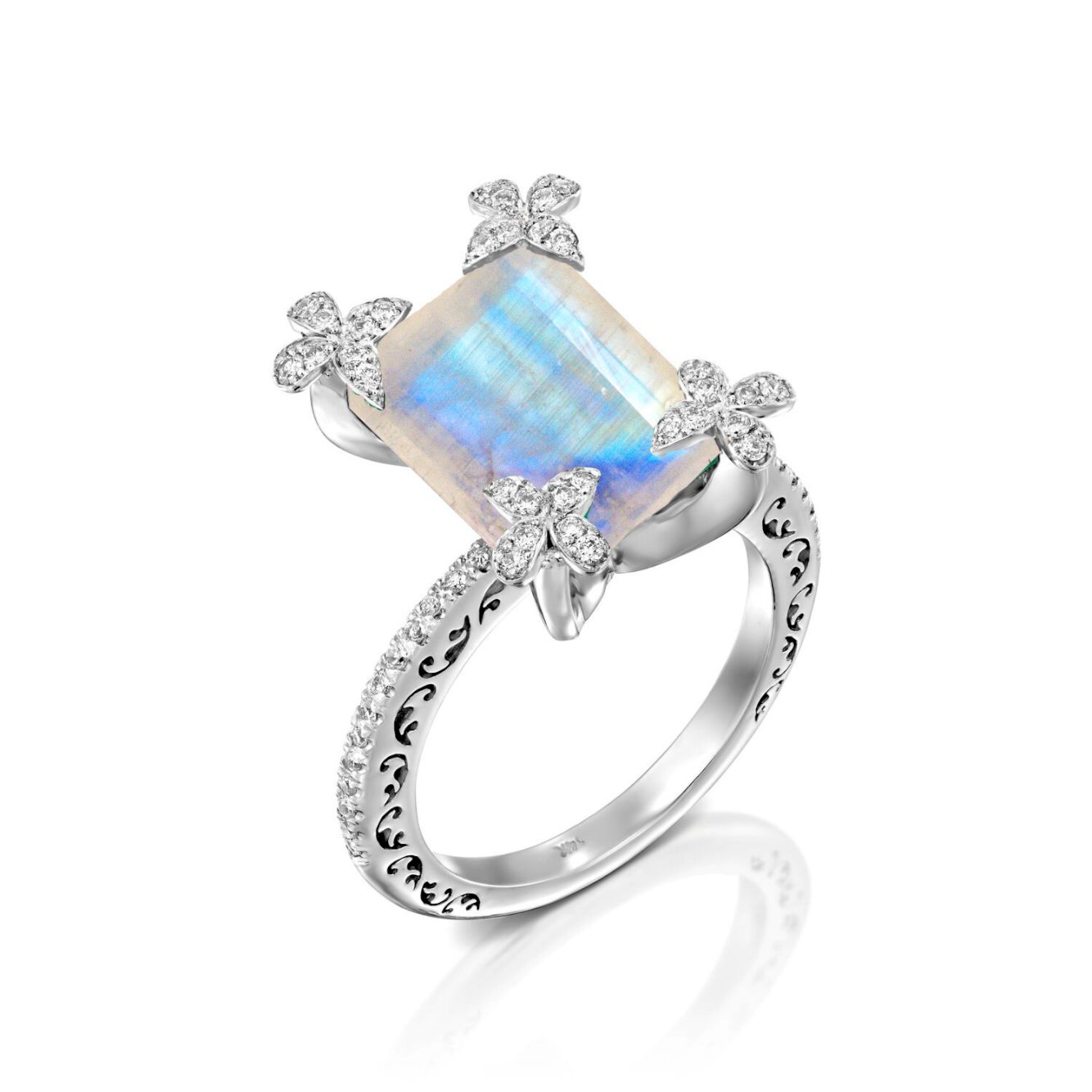 Rainbow Moonstone Ring Set With Diamomds- Octagon Diamonds Ring- Sigal