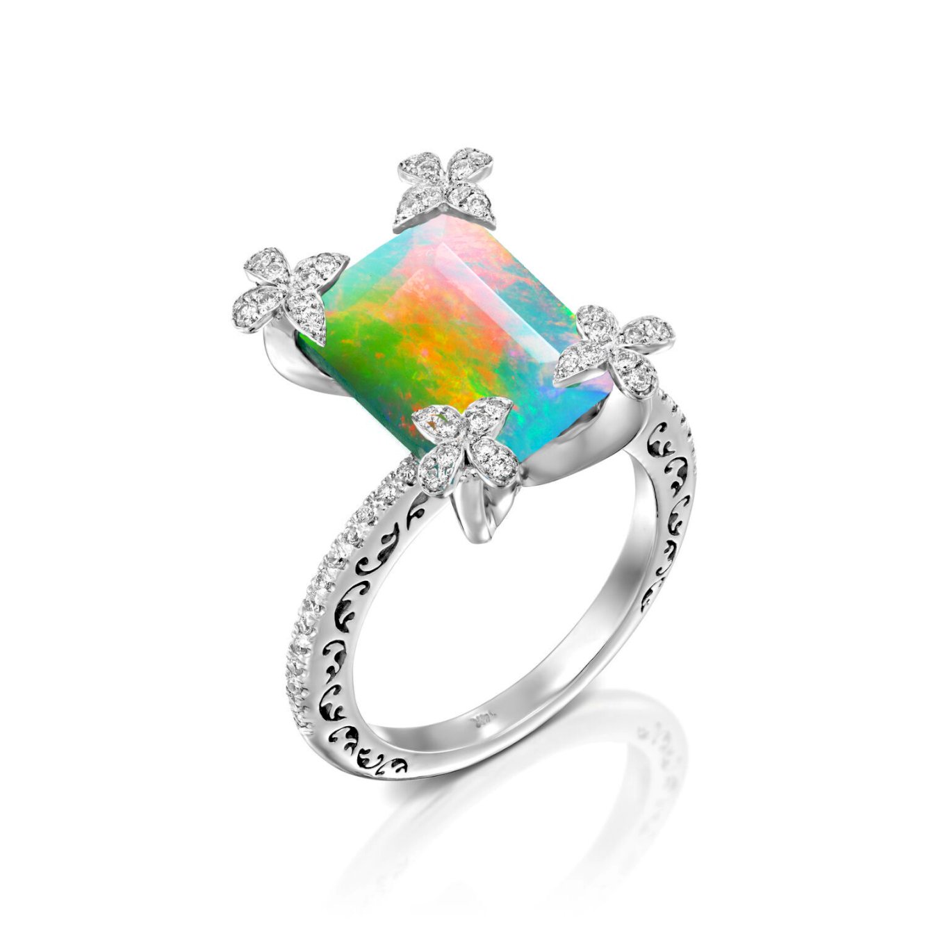 Fire Opal Ring Set With Diamomds- Octagon Diamonds Ring- Sigal